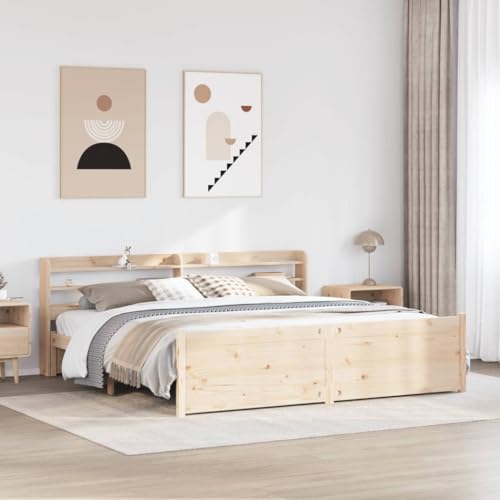 Homvdxl Bettgestell Holz - Für 200x200 cm Matratze - Mit Stauraum Kopfteil & Fußteil - Braun Massives Kiefernholz Plattformbett Bettgestell mit Lattenstütze, kein Boxspring erforderlich - Super King von Homvdxl