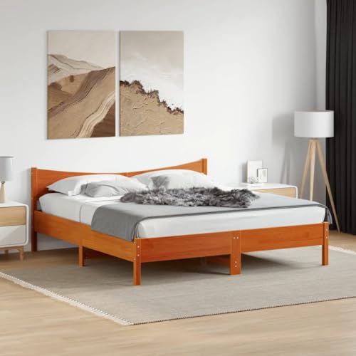 Homvdxl Bettgestell aus Holz, 200 x 200 cm mit gebogenem Kopfteil, Super-Kingsize-Betten mit massiven Lamellen, kein Boxspringbett nötig, Wachsbraun von Homvdxl