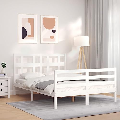 Homvdxl Bettgestell aus Holz, für 120 x 200 cm Matratze, 21 cm Unterbettkommode, Holzplattform-Bettgestell mit Kopfteil & Fußteil, kein Boxspringbett erforderlich, Weiß – kleines Doppelbett von Homvdxl