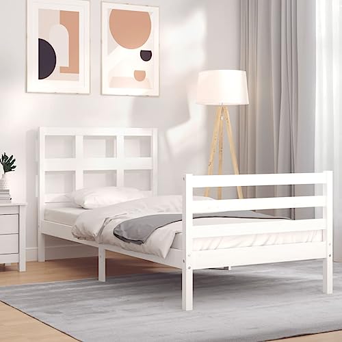 Homvdxl Bettgestell aus Holz, für 90 x 190 cm Matratze, 21 cm Unterbettkommode, Holzplattform-Bettgestell mit Kopfteil & Fußteil, kein Boxspringbett nötig, Weiß – Einzelbett von Homvdxl