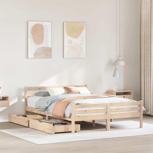Homvdxl Bettgestell aus Holz mit Kopfteil, Unterbettschubladen, für Erwachsene/Jugendliche, Anzug für 150x200 cm Matratze, Einfache Montage, Braun (Small Queen) von Homvdxl