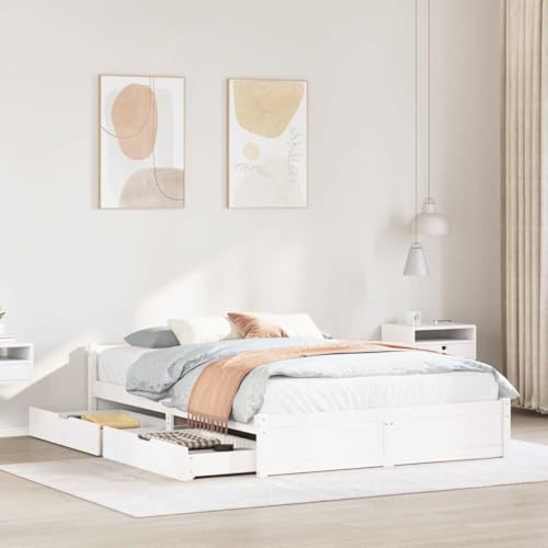 Homvdxl Bettgestell mit Schublade und Kopfteil, 150 x 200 cm, kleines Queen-Size-Bettgestell aus Kiefernholz, mit Lattenstütze, kein Boxspringbett erforderlich - Weiß von Homvdxl