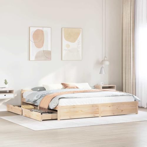 Homvdxl Bettgestell mit Schublade und Kopfteil, 160 x 200 cm, Queen-Size-Bettgestell aus Kiefernholz, mit Lattenstütze, kein Boxspringbett erforderlich - Braun von Homvdxl