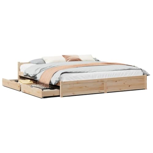 Homvdxl Bettgestell mit Schublade und Kopfteil, 180 x 200 cm, Kingsize-Bettgestell aus Kiefernholz, mit Lattenstütze, kein Boxspringbett erforderlich - Braun von Homvdxl