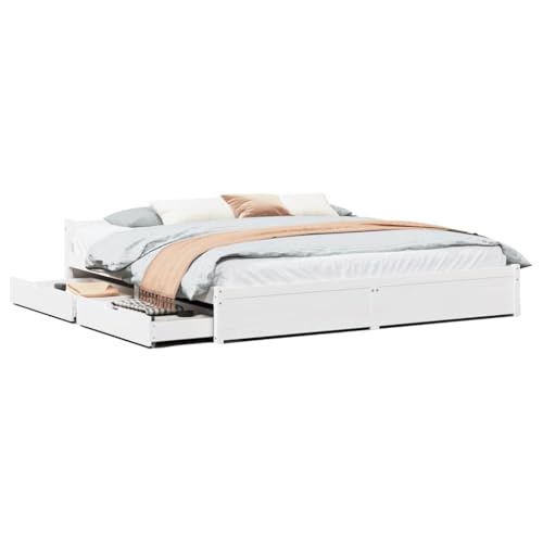 Homvdxl Bettgestell mit Schublade und Kopfteil, 200 x 200 cm, Super King Kiefernholz, Bettgestell mit Lattenstütze, kein Boxspringbett erforderlich - Weiß von Homvdxl