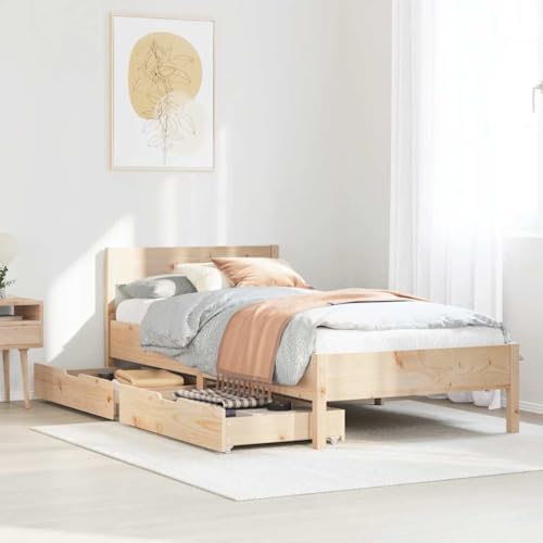 Homvdxl Bettgestell mit Schubladen und Kopfteil, 90 x 200 cm, Kiefernholz, Bettgestell mit Lattenrost und Platz unter dem Bett, kein Boxspringbett erforderlich - Braun (kleines Einzelbett) von Homvdxl