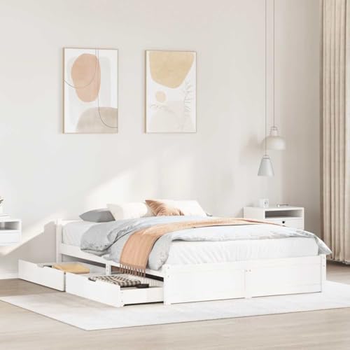 Homvdxl Bettgestell mit Stauraum Schublade & Kopfteil, 135x190 cm, Doppelbett aus Kiefernholz, Bettgestell mit Lattenstütze, kein Boxspringbett erforderlich - Weiß von Homvdxl