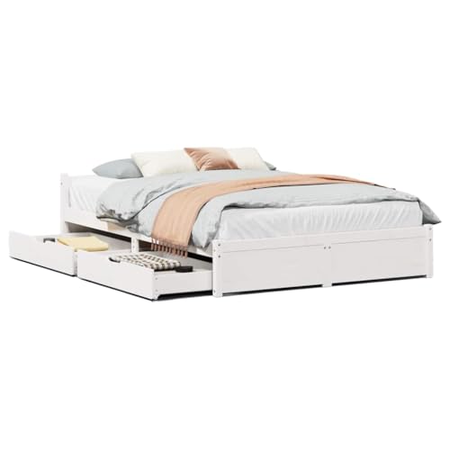 Homvdxl Bettgestell mit Stauraum Schublade & Kopfteil, 140x200 cm, Doppelbett Kiefernholz, Bettgestell mit Lattenstütze, kein Boxspring erforderlich - Weiß Homvdxl Bettgestell mit Stauraum Schublade & Kopfteil, 140x200 cm, Doppelbett Kiefernholz, Bettgestell mit Lattenstütze, kein Boxspring erforderlich - Weiß von Homvdxl