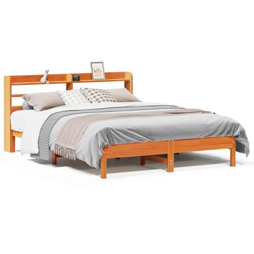 Homvdxl Doppelbett Bettgestell mit Bettkopfteil Kiefer Massivholz Plattformbett mit stabiler Lattenstütze kein Boxspring nötig Wachsbraun - 140x200 cm von Homvdxl
