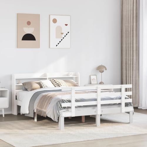 Homvdxl Doppelbett Bettgestell mit Stauraum Kopfteil & Stauraum unter Betten, 140x200 cm Plattformbett mit Holzlattenstütze, kein Boxspring erforderlich, Weiß von Homvdxl