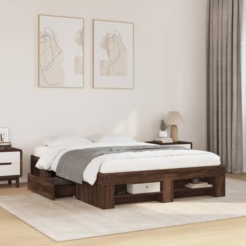 Homvdxl Doppelbett Bettgestell mit mobilen Schubladen & offenem Regal 135x190 cm Holzwerkstoff Plattformbett kein Boxspring nötig verbesserte Lattenstütze Braun Eiche Homvdxl Doppelbett Bettgestell mit mobilen Schubladen & offenem Regal 135x190 cm Holzwerkstoff Plattformbett kein Boxspring nötig verbesserte Lattenstütze Braun Eiche von Homvdxl