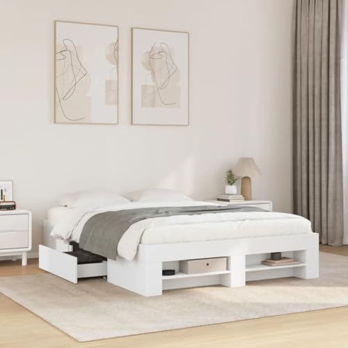 Homvdxl Doppelbett Bettgestell mit mobilen Schubladen & offenem Regal 135x190 cm Holzwerkstoff Plattformbett kein Boxspring nötig verbesserte Lattenunterstützung Weiß Homvdxl Doppelbett Bettgestell mit mobilen Schubladen & offenem Regal 135x190 cm Holzwerkstoff Plattformbett kein Boxspring nötig verbesserte Lattenunterstützung Weiß von Homvdxl
