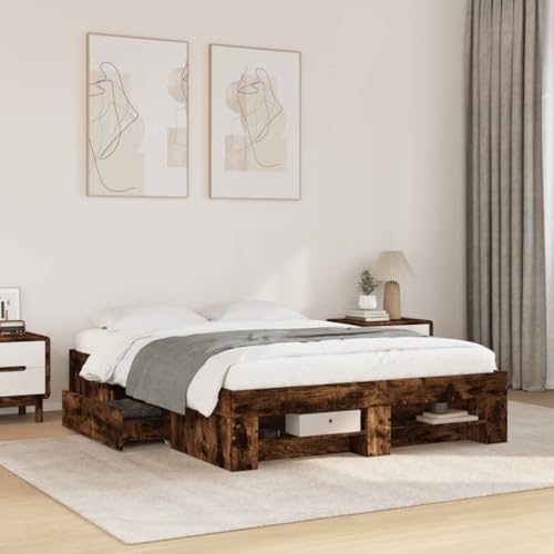 Homvdxl Doppelbett Bettgestell mit mobilen Schubladen & offenem Regal 140x190 cm Holzwerkstoff Plattformbett kein Boxspring nötig Verbesserte Lattenunterstützung Räuchereiche von Homvdxl