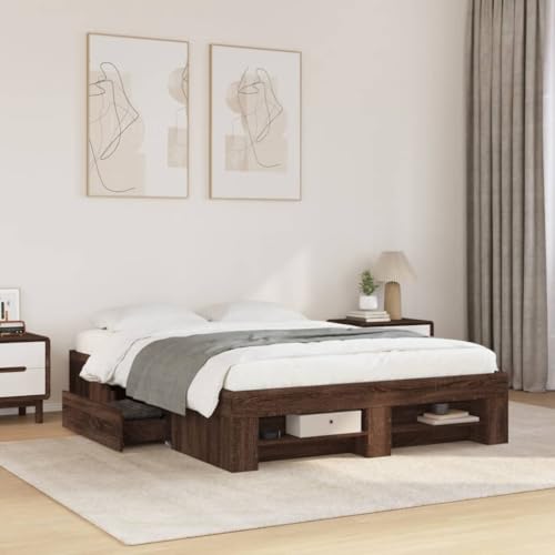 Homvdxl Doppelbett Bettgestell mit mobilen Schubladen & offenem Regal 140x190 cm Holzwerkstoff Plattformbett kein Boxspring nötig verbesserte Lattenstütze Braun Eiche von Homvdxl