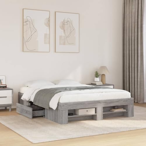 Homvdxl Doppelbett Bettgestell mit mobilen Schubladen & offenem Regal 140x200 cm Holzwerkstoff Plattformbett kein Boxspring nötig Verbesserte Lattenunterstützung Grau Sonoma von Homvdxl