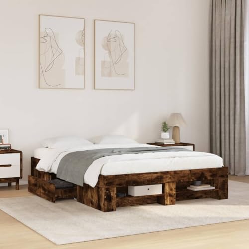 Homvdxl Doppelbett Bettgestell mit mobilen Schubladen & offenem Regal 140x200 cm Holzwerkstoff Plattformbett kein Boxspring nötig Verbesserte Lattenunterstützung Räuchereiche Homvdxl Doppelbett Bettgestell mit mobilen Schubladen & offenem Regal 140x200 cm Holzwerkstoff Plattformbett kein Boxspring nötig Verbesserte Lattenunterstützung Räuchereiche von Homvdxl