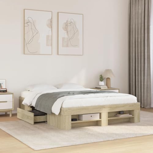 Homvdxl Doppelbett Bettgestell mit mobilen Schubladen & offenem Regal 140x200 cm Holzwerkstoff Plattformbett kein Boxspring nötig verbesserte Lattenunterstützung Braun von Homvdxl
