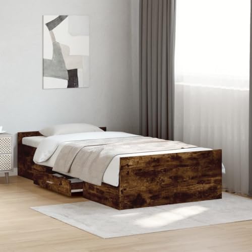 Homvdxl Einfaches Bettgestell mit Bettkasten 90x200 cm Lattenrost Plattformbetten, Einfache Montage, kein Boxspringbett erforderlich - Raucheiche (kleines Einzelbett) von Homvdxl