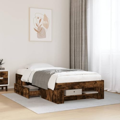 Homvdxl Einzelbett Bettgestell mit mobilen Schubladen & offenem Regal 100x200 cm Holzwerkstoff Plattformbett kein Boxspring nötig Verbesserte Lattenunterstützung Räuchereiche Homvdxl Einzelbett Bettgestell mit mobilen Schubladen & offenem Regal 100x200 cm Holzwerkstoff Plattformbett kein Boxspring nötig Verbesserte Lattenunterstützung Räuchereiche von Homvdxl
