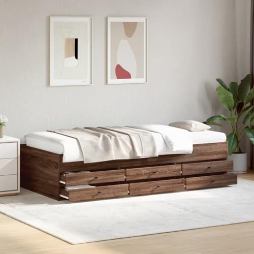 Homvdxl Einzelbett Gästebett mit 6 Schubladen – Schlafzimmermöbel, passend für 100x200 cm Matratze, braune Eiche von Homvdxl