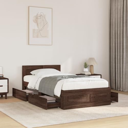 Homvdxl Farmhouse Bettgestell mit Schubladen & Kopfteil, Plattformbett aus Holzwerkstoff, kein Boxspringbett nötig, Sperrholz-Lattenstütze, 75x190 cm, kleines Einzelbett, Braun Eiche von Homvdxl