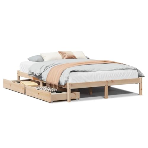 Homvdxl Holzbettrahmen mit Schubladen, 140x200 cm Doppelbett, Massives Kiefernholz, Plattformbettgestell, kein Boxspringbett nötig, starke Unterstützung, Braun Homvdxl Holzbettrahmen mit Schubladen, 140x200 cm Doppelbett, Massives Kiefernholz, Plattformbettgestell, kein Boxspringbett nötig, starke Unterstützung, Braun von Homvdxl