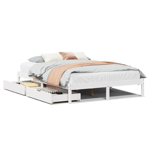 Homvdxl Holzbettrahmen mit Schubladen, 140x200 cm Doppelbett, massives Kiefernholz, Plattformbettgestell, kein Boxspringbett nötig, starke Unterstützung, Weiß Homvdxl Holzbettrahmen mit Schubladen, 140x200 cm Doppelbett, massives Kiefernholz, Plattformbettgestell, kein Boxspringbett nötig, starke Unterstützung, Weiß von Homvdxl