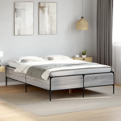 Homvdxl Industrielles Bettgestell, 150 x 200 cm, kleine Queensize-Betten mit massiven Lamellen, Metallrahmen & extra Beinen, kein Boxspringbett erforderlich - Grau Sonoma von Homvdxl