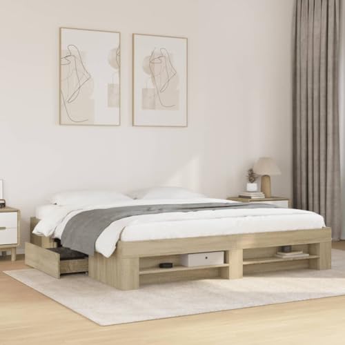 Homvdxl Kingsize-Bettgestell mit mobilen Schubladen und offenem Regal, 180 x 200 cm, Holzwerkstoff-Plattformbett, kein Boxspringbett erforderlich, verbesserte Lattenstütze, Braun Homvdxl Kingsize-Bettgestell mit mobilen Schubladen und offenem Regal, 180 x 200 cm, Holzwerkstoff-Plattformbett, kein Boxspringbett erforderlich, verbesserte Lattenstütze, Braun von Homvdxl