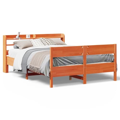 Homvdxl Kleine Queen-Betten, 150 x 200 cm Bettgestell mit Stauraum, Holzplattform-Bettgestell mit Fußteil, kein Boxspringbett erforderlich - Wachsbraun von Homvdxl