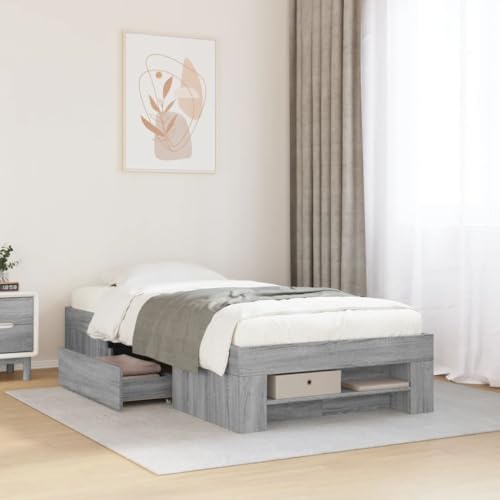 Homvdxl Kleines Einzelbett Bettgestell mit mobilen Schubladen & offenem Regal 90x200 cm Holzwerkstoff Plattformbett kein Boxspring nötig Verbesserte Lattenunterstützung Grau Sonoma von Homvdxl