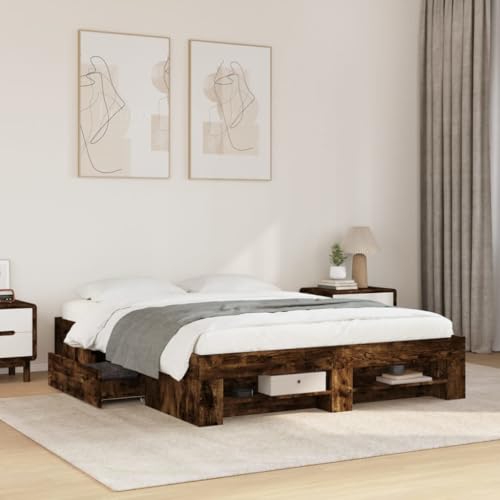 Homvdxl Kleines Queensize-Bettgestell mit mobilen Schubladen und offenem Regal, 150 x 200 cm, Holzwerkstoff-Plattformbett, kein Boxspringbett nötig, verbesserte Lattenstütze, geräucherte Eiche Homvdxl Kleines Queensize-Bettgestell mit mobilen Schubladen und offenem Regal, 150 x 200 cm, Holzwerkstoff-Plattformbett, kein Boxspringbett nötig, verbesserte Lattenstütze, geräucherte Eiche von Homvdxl