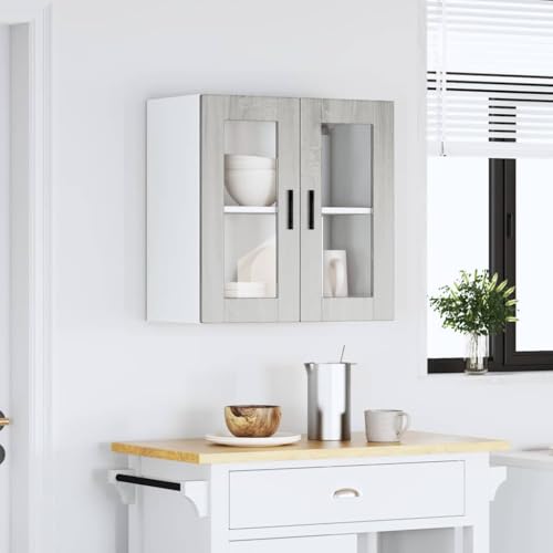 Homvdxl Küchenhängeschrank mit 2 Glastüren, Badezimmerschrank zur Wandmontage, 60 x 31 x 60 cm, moderner Medizinschrank mit 2 Etagen Regal - Grau+Eiche Homvdxl Küchenhängeschrank mit 2 Glastüren, Badezimmerschrank zur Wandmontage, 60 x 31 x 60 cm, moderner Medizinschrank mit 2 Etagen Regal - Grau+Eiche von Homvdxl