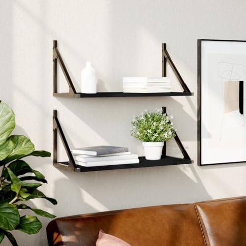 Homvdxl Wandregal 2er Set, 60x25cm Rustikales Schweberegal für Wohnzimmer Schlafzimmer, Hängende Ausstellungsregale mit Metallstütze Wandmontage für Fotos, Dekorationen - Schwarz von Homvdxl