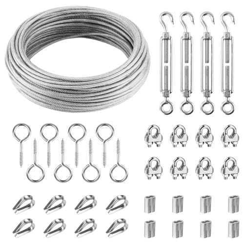 Drahtseil 3mm/20M - Stahlseil mit Ösen, M5 Seilspanner Edelstahl, Ösenschraube, Drahtseilklemme und Kauschen, Aluminiumhülsen - Drahtseil Rankhilfe für Kletterpflanzen, Seilspanngarnitur für Gardinen Drahtseil 3mm/20M - Stahlseil mit Ösen, M5 Seilspanner Edelstahl, Ösenschraube, Drahtseilklemme und Kauschen, Aluminiumhülsen - Drahtseil Rankhilfe für Kletterpflanzen, Seilspanngarnitur für Gardinen von Homvvi