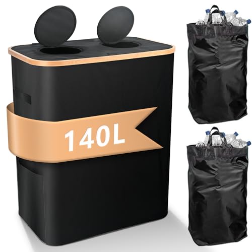 Homwiz 140L Pfandflaschen Sammelbehälter 2 Fächer, Pfandflaschen Behälter mit 2 Abnehmbarem Beutel, Groß Flaschensammler Leergut Altpapier Plastikflaschen Aufbewahrung Behälter für Pfandflaschen von Homwiz