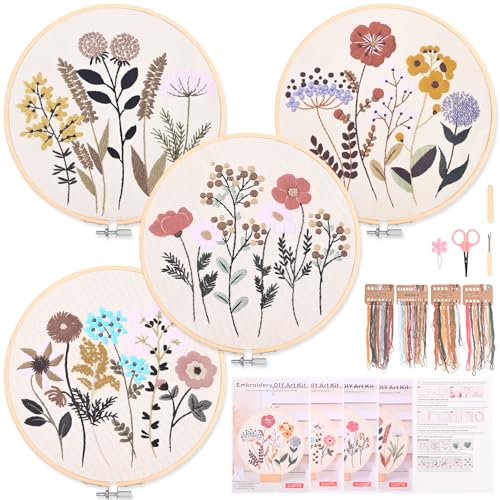 Homwiz 4 Sticken Set Erwachsene, Stickset für Anfänger Blumenmuster Pflanzen Embroidery Kit mit 2 Stück Bambus Stickrahmen Farbfäden Anleitung, Stickerei Set für DIY Kunst Handwerk von Homwiz