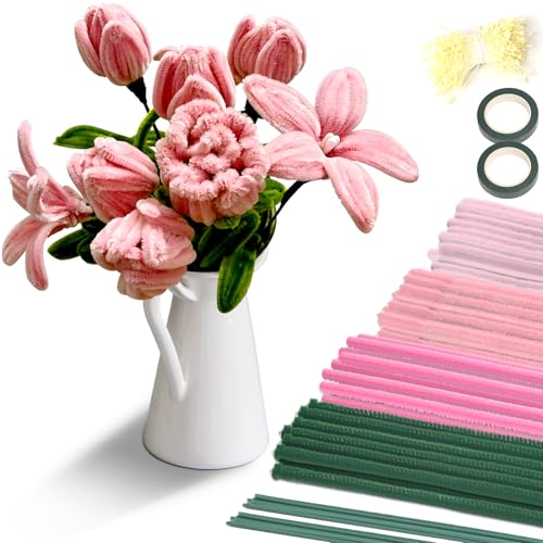 Homwiz 400 Stück Pfeifenreiniger Blumen Set, 4 Farben Rosa Tulip Bouquet Pfeifenputzer zum Basteln, 30cm Pipe Cleaner Bendable DIY Twist Stick Biegeplüsch Pfeifenreiniger zum Basteln von Homwiz