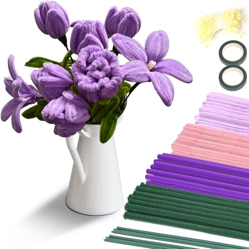 Homwiz 400 Stück Pfeifenreiniger Blumen Set, 4 Farben Violett Tulip Bouquet Pfeifenputzer zum Basteln, 30cm Pipe Cleaner Bendable DIY Twist Stick Biegeplüsch Pfeifenreiniger zum Basteln von Homwiz