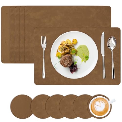 Homwiz Tischset Abwaschbar 6er Set, Doppelseitigen Tischsets Platzsets Abwaschbar, Platzdeckchen mit Untersetzer, Tischset Leder Optik, Platzset Leder Optik, Tischuntersetzer (Heller Kaffee) von Homwiz
