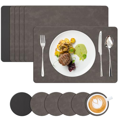 Homwiz Tischset Abwaschbar 6er Set, Doppelseitigen Tischsets Platzsets Abwaschbar, Platzdeckchen mit Untersetzer, Tischset Leder Optik, Platzset Leder Optik, Tischuntersetzer (Schwarz+Braun) von Homwiz