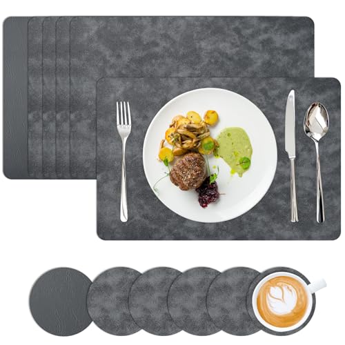 Homwiz Tischset Abwaschbar 6er Set, Doppelseitigen Tischsets Platzsets Abwaschbar, Platzdeckchen mit Untersetzer, Tischset Leder Optik, Platzset Leder Optik, Tischuntersetzer (Spacegrau+Dunkelgrau) von Homwiz