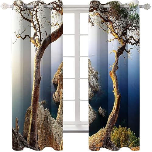 Homxi 2 Stück Vorhang Blickdicht Kinder,2 x 107W x 183H cm,Gardinen Nach Maß mit Ösen Meer und Steinlandschaft Braun Moderne Gardinen Schlafzimmer von Homxi
