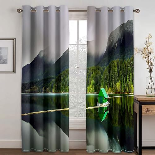 Homxi 2er Pack Vorhang Kinder Blickdicht,2 x 214W x 244H cm,Vorhänge Ösenringe Bergsee und Baumlandschaft Gardine Vorhang Grau Grün für Wohnzimmer von Homxi