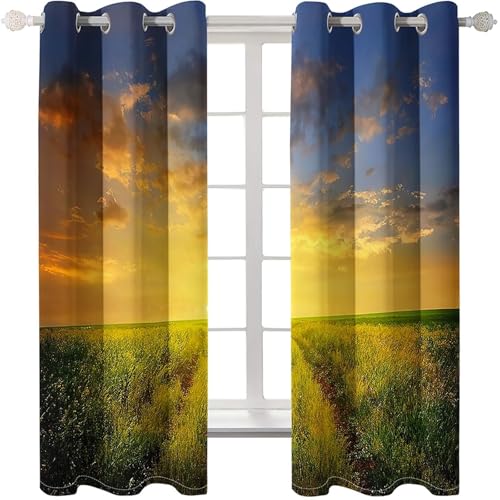 Homxi 2er Pack Vorhang Kinderzimmer Blickdicht,2 x 234W x 229H cm,Gardinen Ösenringe Rasen und Sonnenuntergang Landschaft Vorhang für Wohnzimmer Gelb Grün von Homxi