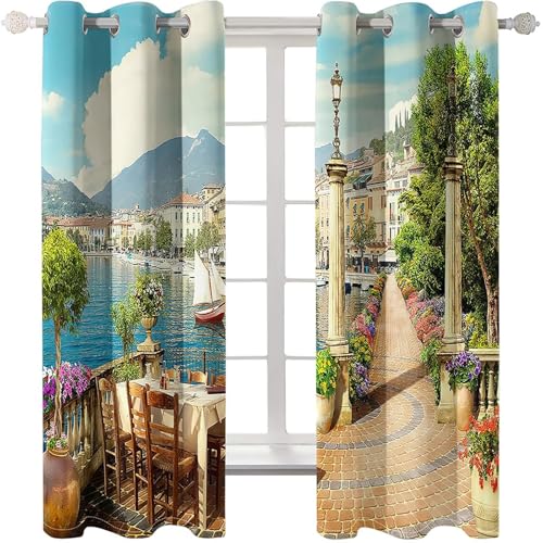 Homxi 2er Set Lichtdichte Vorhänge Kinderzimmer,2 x 214W x 229H cm,Vorhänge Küche mit Ösen Ländliche Landschaft Gardine Vorhang für Schlafzimmer Braun Grün Blau von Homxi