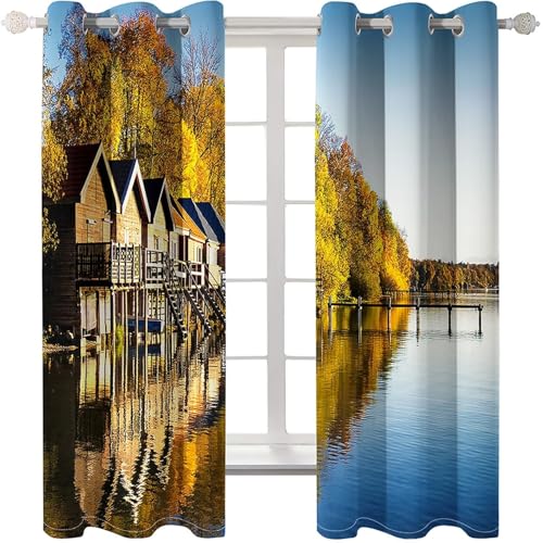 Homxi 2er Set Vorhang Wohnzimmer Modern Blickdicht,2 x 132W x 274H cm,Ösen Vorhang Seehaus und Bäume Landschaft Blau Gelb Vorhänge Modern Schlafzimmer Homxi 2er Set Vorhang Wohnzimmer Modern Blickdicht,2 x 132W x 274H cm,Ösen Vorhang Seehaus und Bäume Landschaft Blau Gelb Vorhänge Modern Schlafzimmer von Homxi