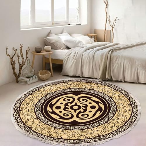 Homxi Außenteppich Balkon Rund 60 cm, Bettvorleger Polyester, Ethnisches Blumenmuster mit Quasten, Teppichboden Schwarz Weiß Beige von Homxi
