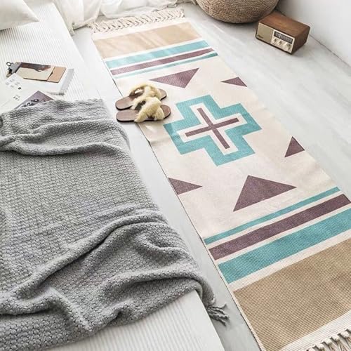 Homxi Balkon Teppich Klein Rechteckig 60 x 180 cm + 20 cm, Wohnzimmerteppich Leinen Baumwolle, Geometrisch Muster mit Quasten, Outdoorteppich Khaki Braun Blau Homxi Balkon Teppich Klein Rechteckig 60 x 180 cm + 20 cm, Wohnzimmerteppich Leinen Baumwolle, Geometrisch Muster mit Quasten, Outdoorteppich Khaki Braun Blau von Homxi