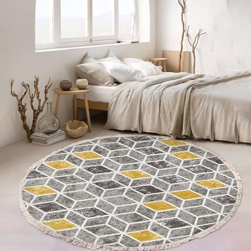 Homxi Balkon Teppich Klein Rund 200 cm, Bodenteppich Polyester, Geometrisch Muster mit Quasten, Teppichboden Grau Gelb von Homxi